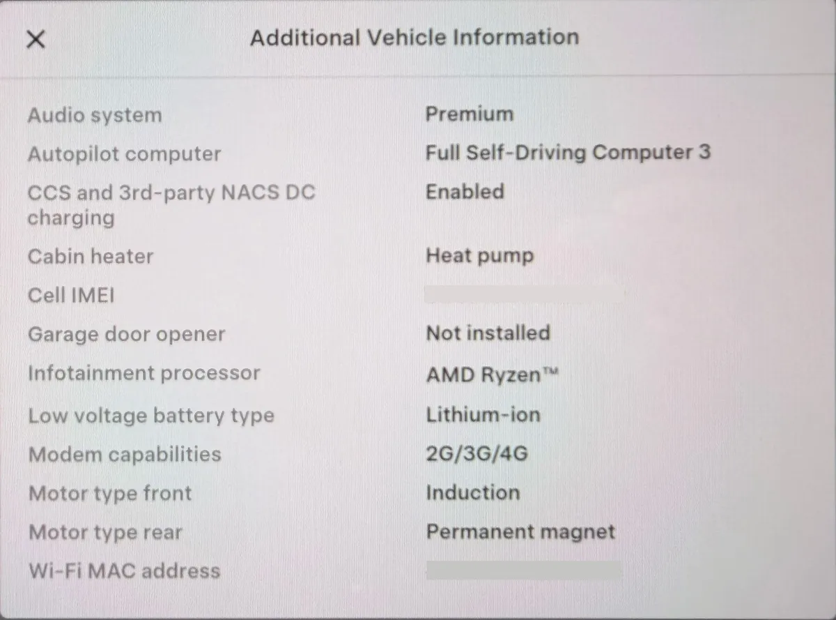 HW3 additional vehicle information screen