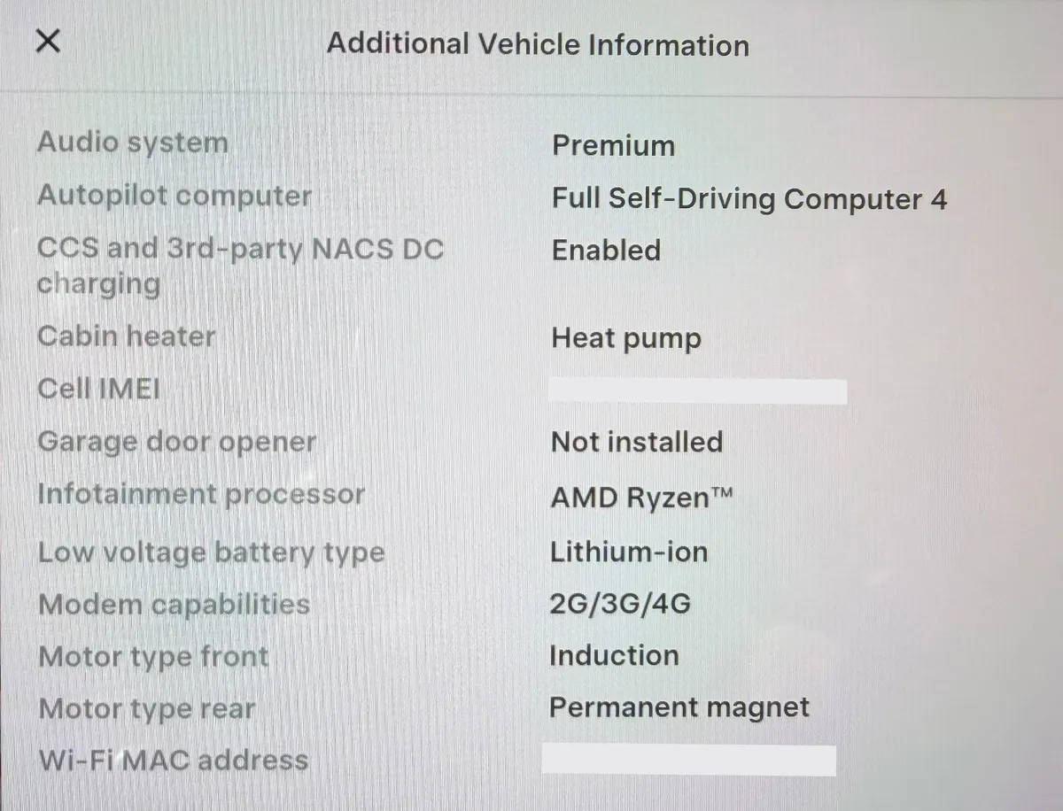 HW4 additional vehicle information screen